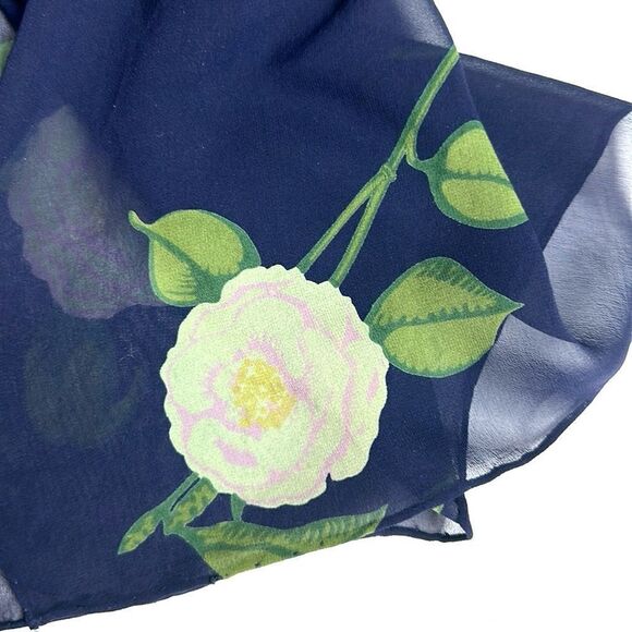 Zazou Luxe Oblong Silk Chiffon Scarf Navy Blue Floral Roses Hand Rolled - Picture 7 of 12